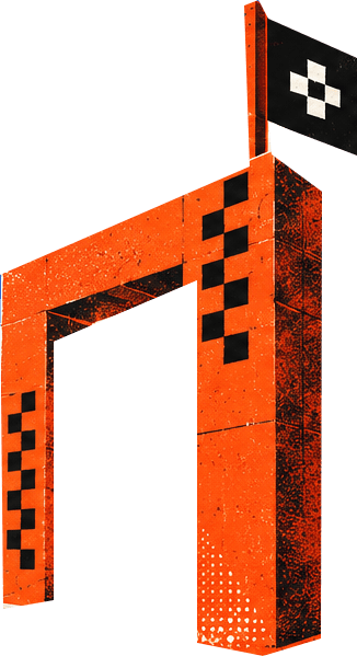 Orange checkpoint gate with a black pixel flag