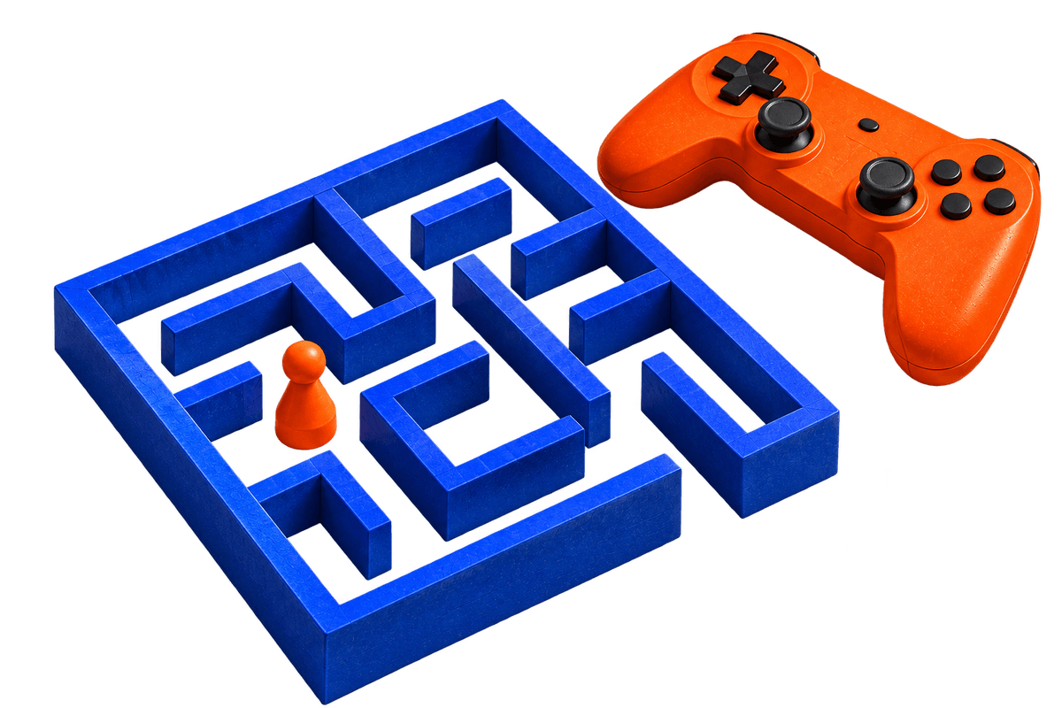 A blue game maze and orange controller